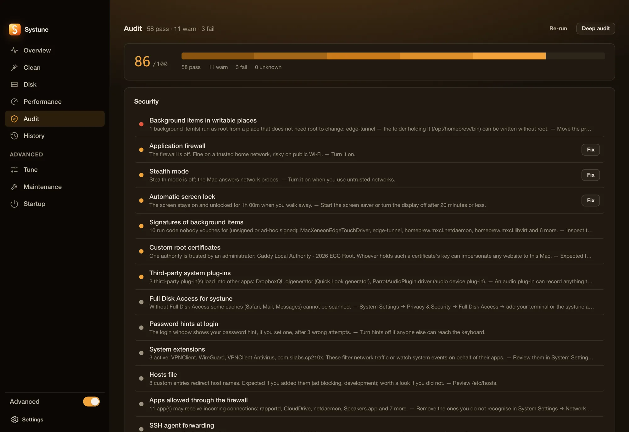The Audit page: a score of 86 out of 100 with pass, warn and fail counts, then the security findings.