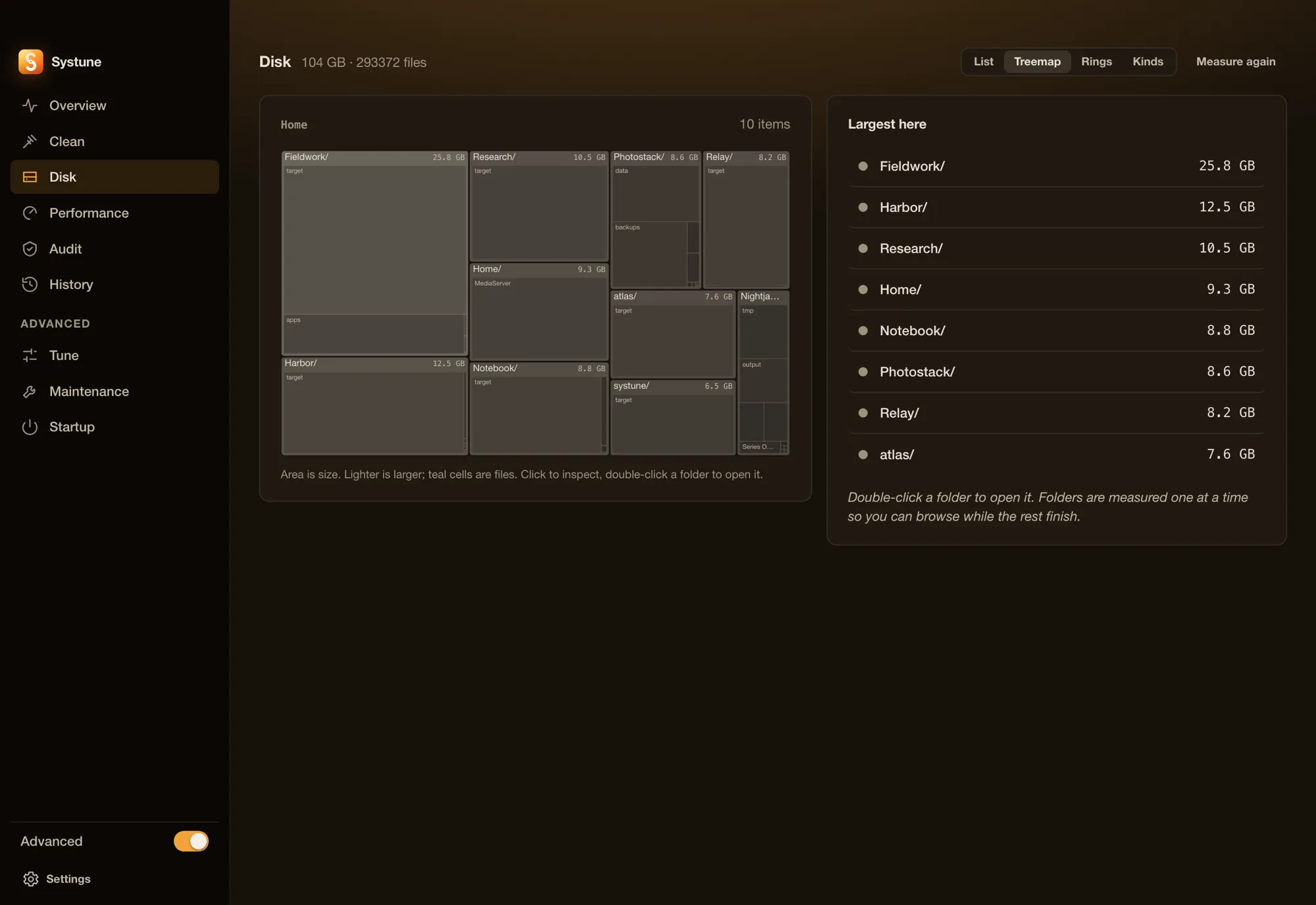 The Disk treemap: folders sized by area, the largest list beside it.