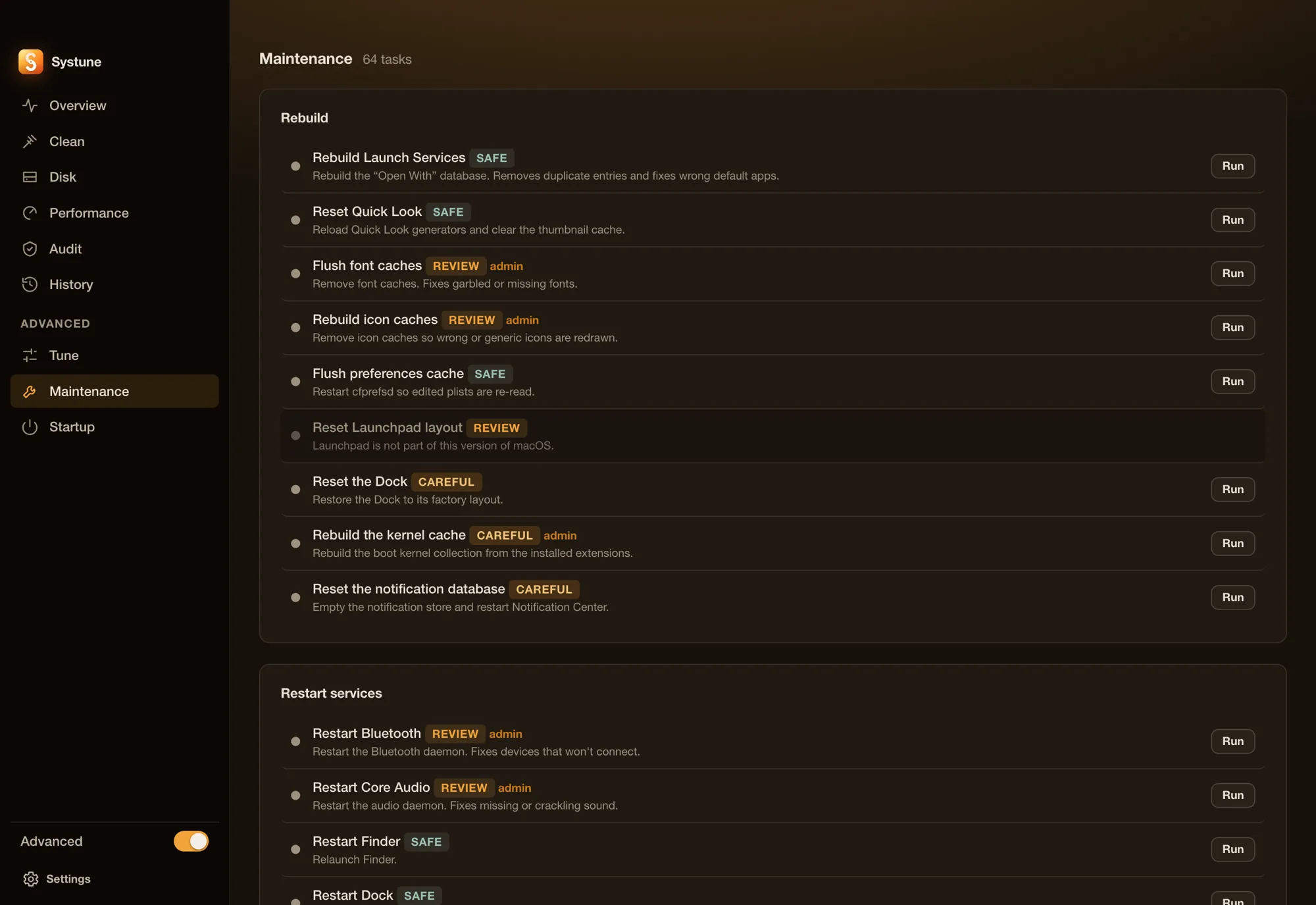 The Maintenance page: tasks grouped by kind, each with a risk badge and a Run button.