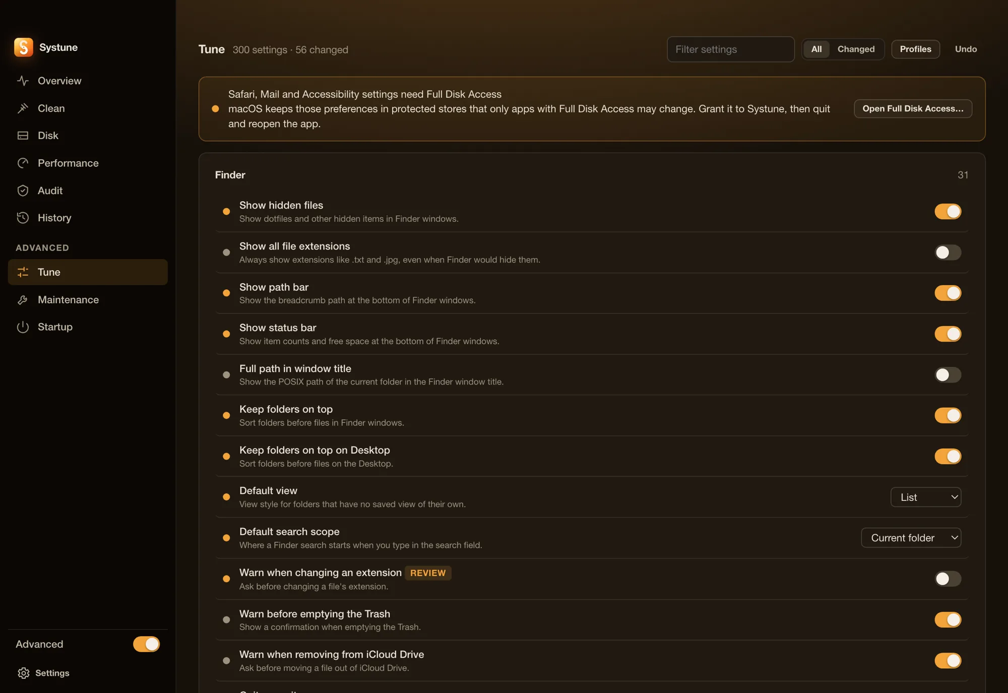 The Tune page: macOS settings grouped by area, each a labelled switch.